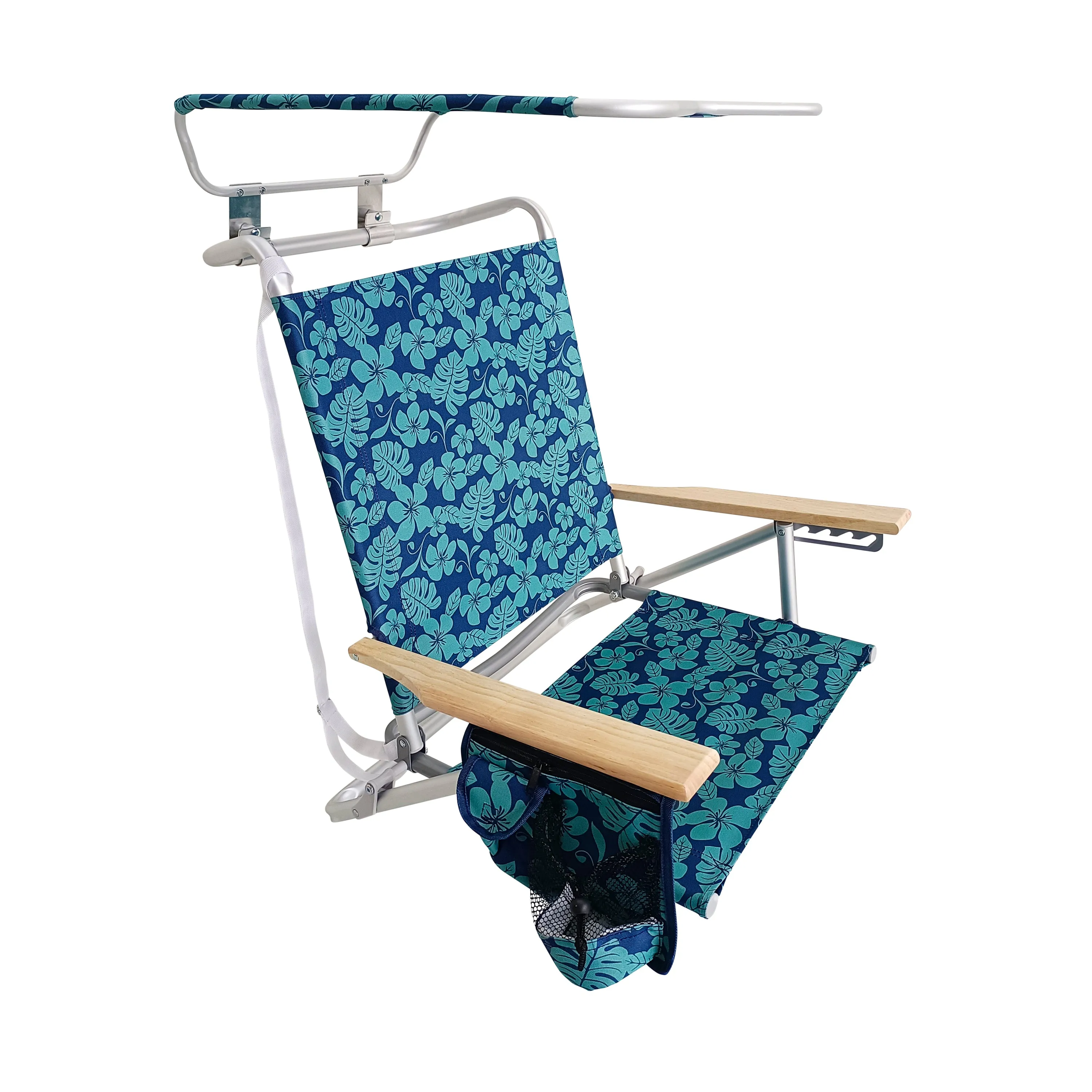 Folding Beach Chair W/ Canopy | 5 Reclining Positions | Storage Pouch, Phone Holder, & Cup Holder Included | 275 Lb. Capacity