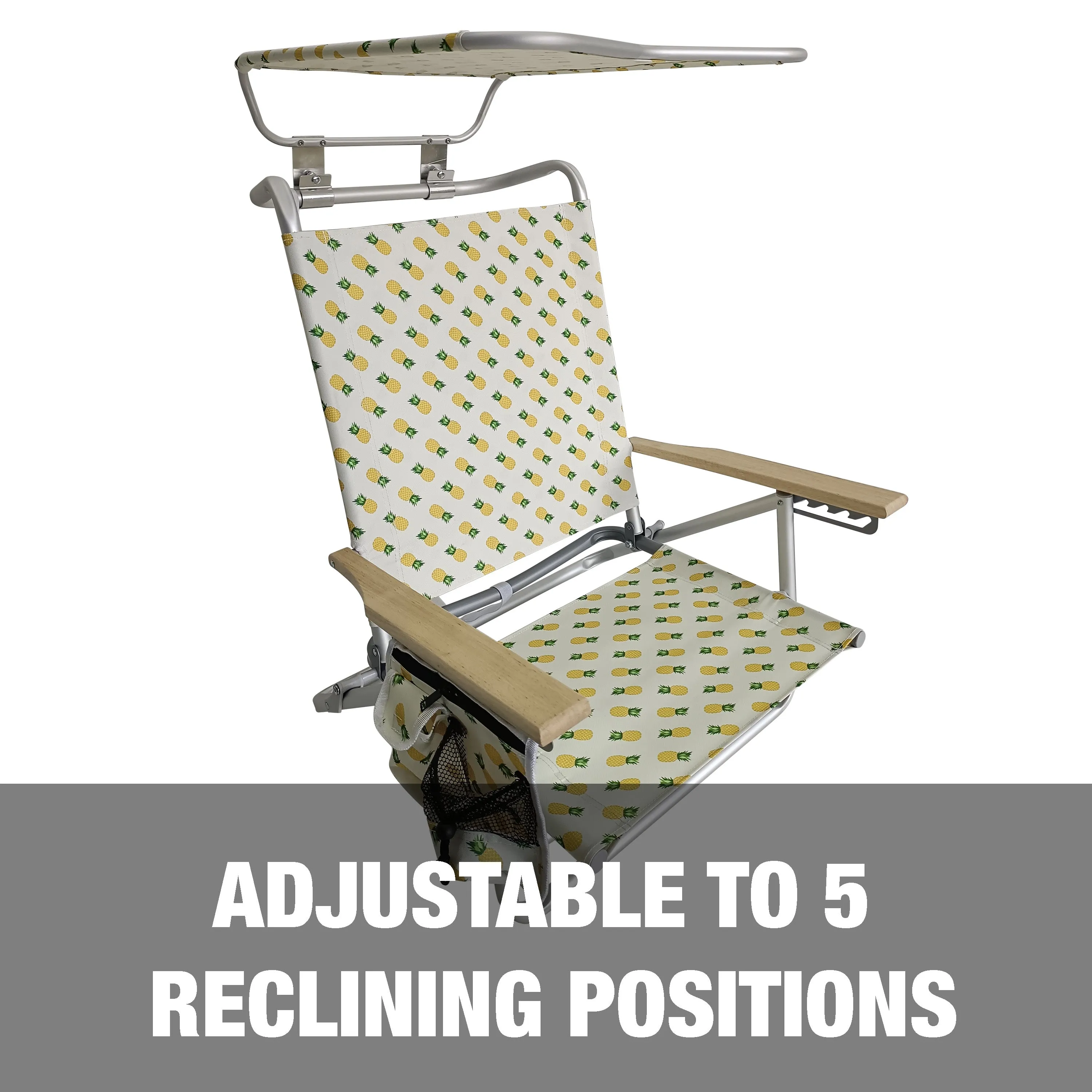 Folding Beach Chair W/ Canopy | 5 Reclining Positions | Storage Pouch, Phone Holder, & Cup Holder Included | 275 Lb. Capacity